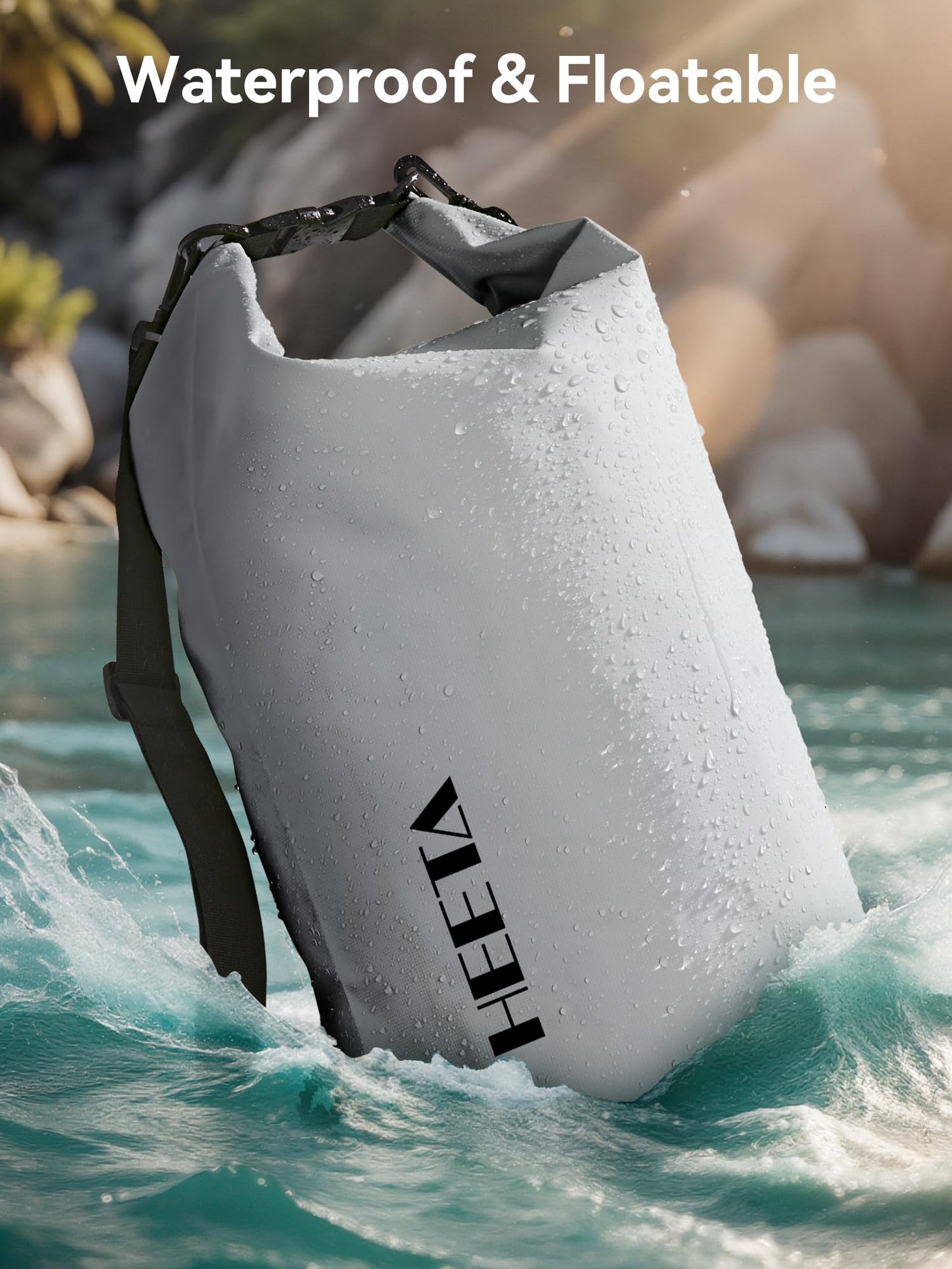 HEETA Waterproof Dry Bag for Women Men, Roll Top Lightweight Dry Storage Bag Backpack with Emergency Whistle for Travel, Kayaking, Boating, Camping, Beach, Cruise Ship Essentials (Light Grey, 5L)