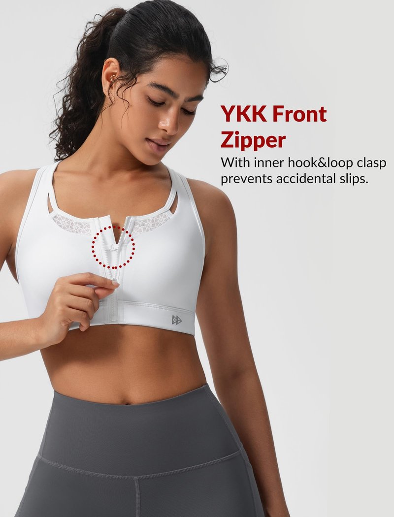 Yvette Zip Front High Impact Sports Bras for Women Lace Mesh Supportive Bras for Workout, White, M