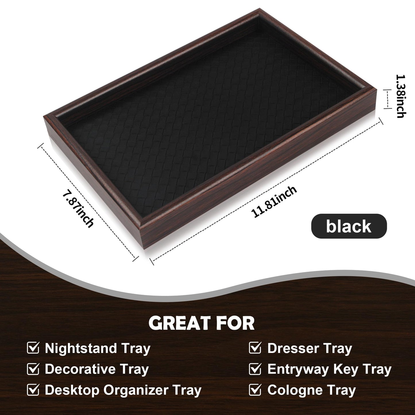 Zosenley Wooden Valet Tray with Leather Base - Nightstand Catchall Organizer for Cologne, Perfume, Keys, Wallet, Phone, Watch, Jewelry & Sunglasses (Black)