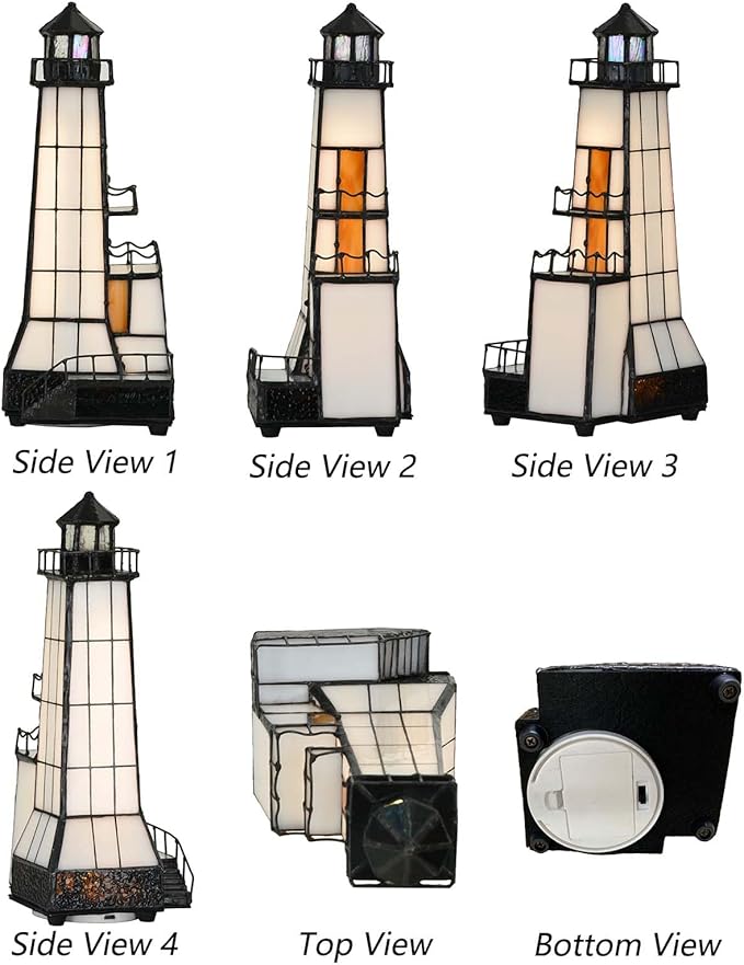 Bieye L10779 Lighthouse Tiffany Style Stained Glass Accent Table Lamp Night Light with Lookout Platform for Home Decoration (4x6x11, Brown)