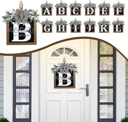 Ultra Large 14'' Last Name All Year Round Front Door Wreath with 26 Initial Letter Welcome Sign All Seasons Eucalyptus Garland and Bow Wreaths for Front Door Porch Farmhouse Decoration (B)