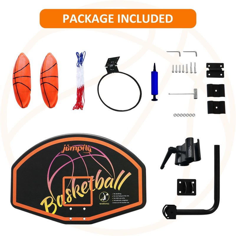 Jumpfly Trampoline Basketball Hoop Attachment, Basketball Hoop for Trampoline Easy to Install, Universal Trampoline Accessories Fits Straight Pole & Curved Pole with Mini Balls & Pump