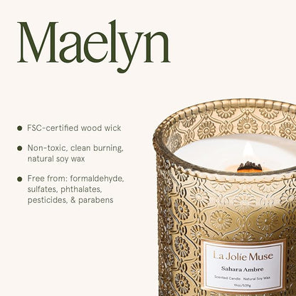 LA JOLIE MUSE | Sahara Amber Candle | Bergamot, Clove & Amber | 19 oz Wooden Wick | Natural Soy Wax | 90 Hours Clean Burn | Gift-Ready for Cozy Nights | Elevated Fall Décor