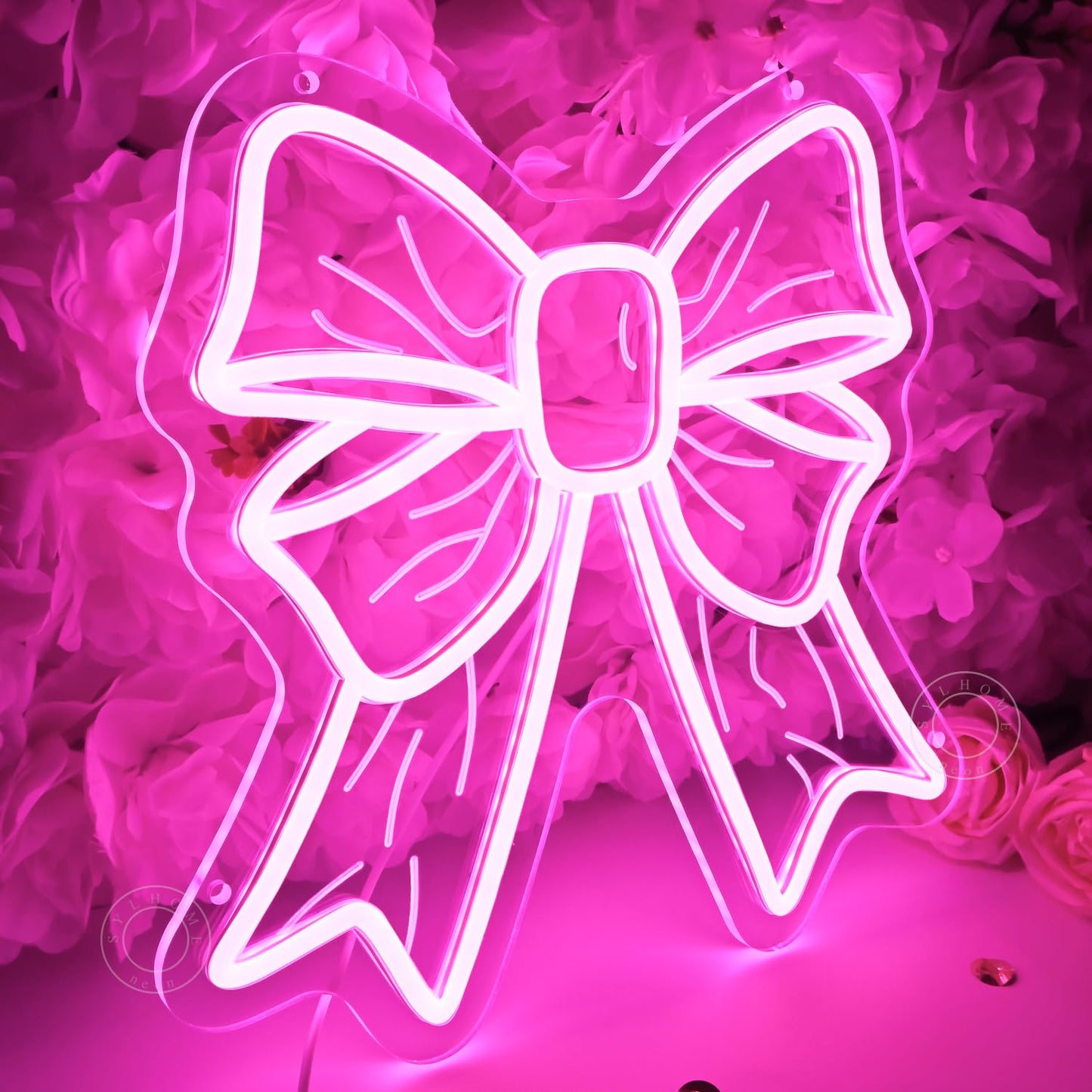 SYLHOME Pink Bow Led Neon Light Sign Cute Girls Kids Bedroom Nursery Game Room Wall Sign Decor Beauty Salon Wedding Birthday Party Backdrop 11.8" X 11.8" USB