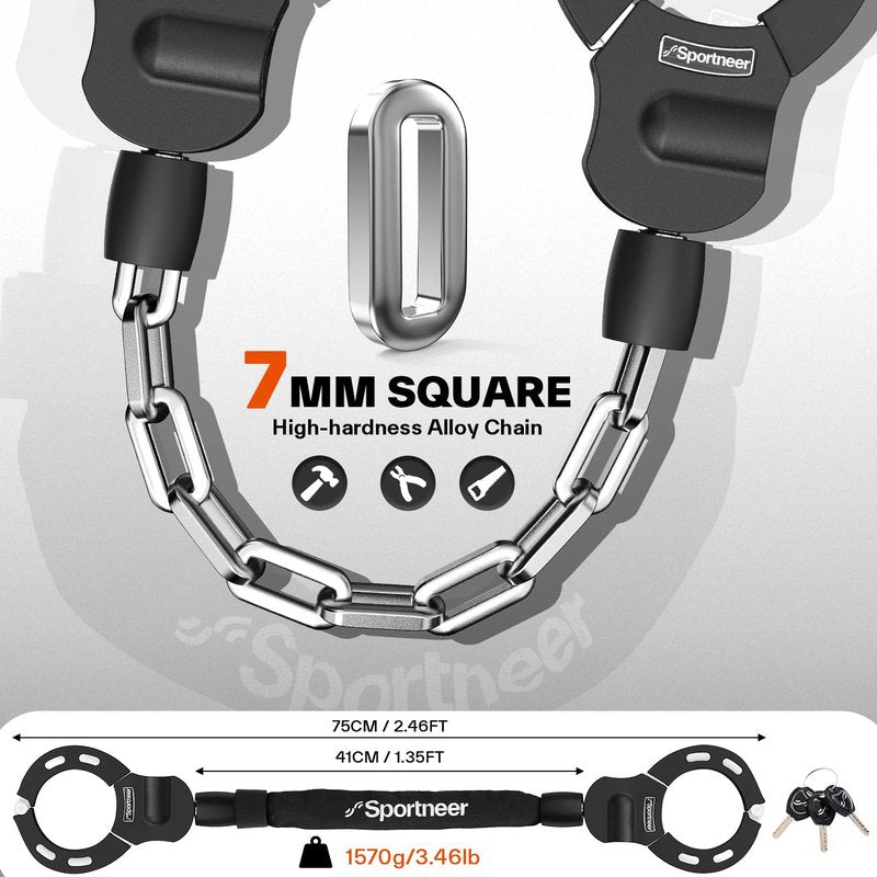 Sportneer Scooter Lock: 7mm Square Chain Anti-Theft Cut Resistant Bike Lock with 3 Keys, 2.46ft/75cm Heavy Duty 3 Position Adjustment Bike Chain Lock for E-Bike/Electric Scooters, Door, Gate