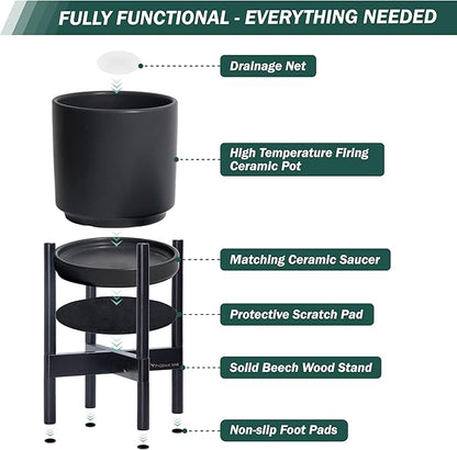 D'vine Dev Ceramic Planter with Ebony Stand - 10 Inch Modern Round Flower Pot with Wood Planter Holder, Black, 55-B-L-2