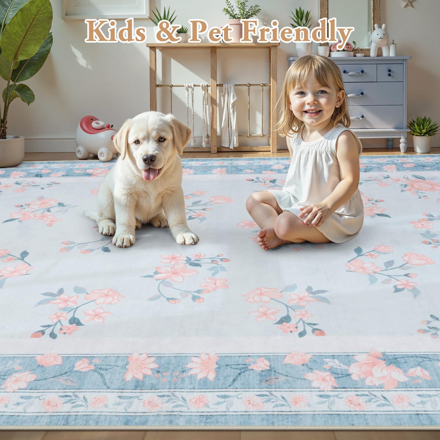 LIVEBOX Washable Area Rug 5x7 - French Country Living Room Rug Non-Slip Nursery Rugs for Boy Girls Bedroom, Soft Carpet Floral Rugs for Play Room Office, Light Blue