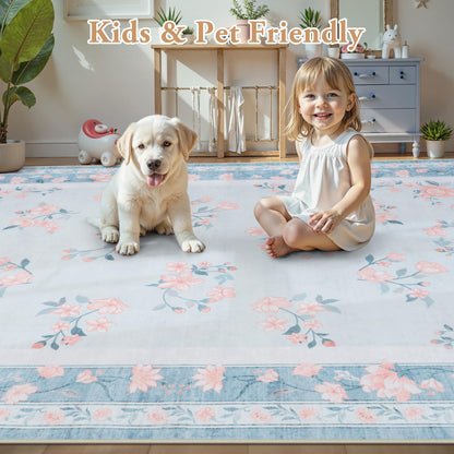 LIVEBOX Washable Area Rug 5x7 - French Country Living Room Rug Non-Slip Nursery Rugs for Boy Girls Bedroom, Soft Carpet Floral Rugs for Play Room Office, Light Blue