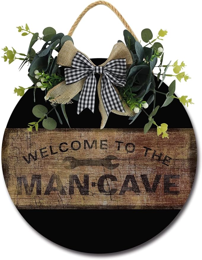 Welcome To The Mancave Front Door Sign Funny Wreaths Hanging Wooden Plaque Decoration Round Rustic Wood Farmhouse Porch Decor for Home Front Door Decor, 12 x 12 Inch