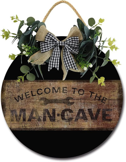 Welcome To The Mancave Front Door Sign Funny Wreaths Hanging Wooden Plaque Decoration Round Rustic Wood Farmhouse Porch Decor for Home Front Door Decor, 12 x 12 Inch