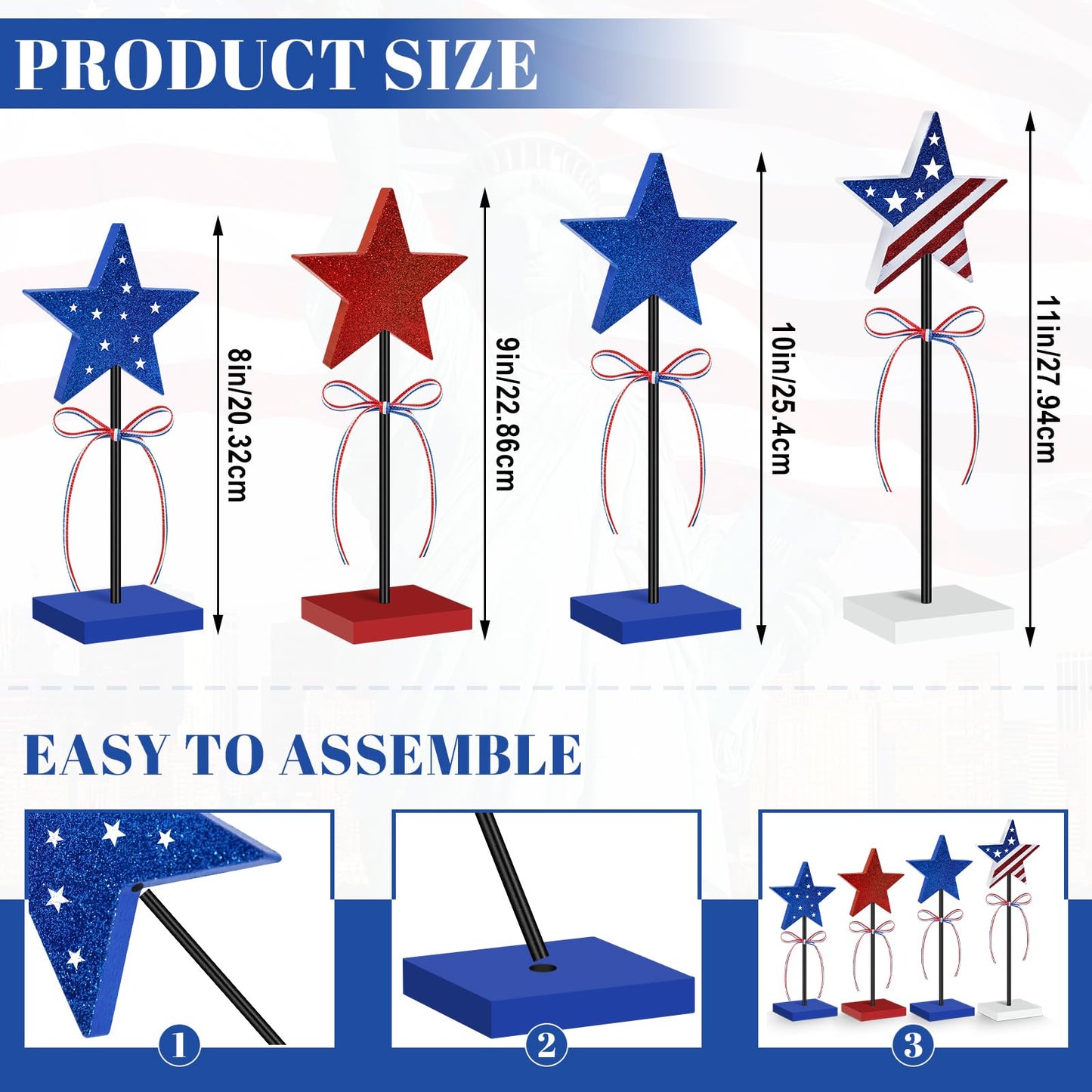 4th of July Tiered Tray Decor Wooden Shiny Star Set, 4 Pcs 250th Anniversary Centerpieces for Tables, Patriotic Tabletop Home Decor, Red White and Blue Decorations for Independence Day Party
