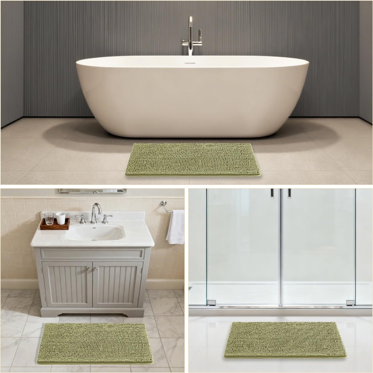 Kildoss Sage Green Bathroom Rugs 20"x32" - Thick Plush Chenille Non-Slip Bath Mat - Absorbent, Washable, Soft Decor for Sink, Shower, Tub, Kitchen, Home Accessories