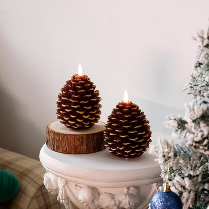 Battery Operated Christmas Candles with Remote and Timer, 2 Pack LED Flameless Pinecone Candles, Flickering Wick Real Wax Pine Cone Candle for Xmas Holiday Fireplace Decoration