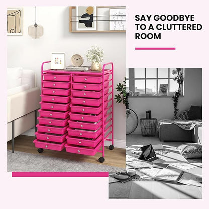 COSTWAY 20-Drawer Rolling Storage Cart, Utility Storage Organizer Cart for Tools, Scrapbook, Paper, Craft, Multipurpose Storage Trolley on Wheels for Home Office School, Hot Pink