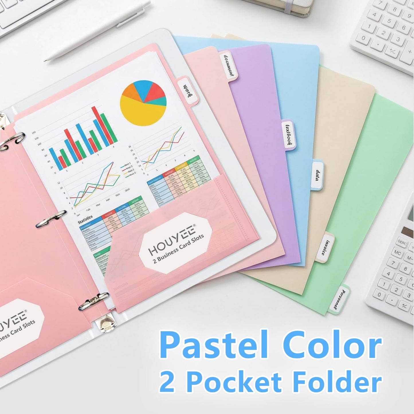 HOUYEE 12 Pack Plastic Folders with Pockets 3 Hole Punched, 2 Pockets File Folders for 3 Ring Binder, with 2 Business Card Slot, 1/6 Cut Tabs & Labels, for Letter Size, School Office Home Bussiness