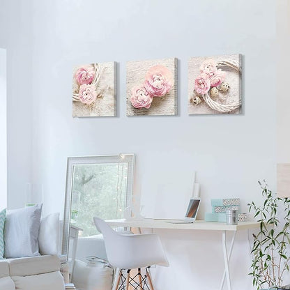 Floral Picture Canvas Wall Art: Pink Peony Flower Wreath Photographic Prints for Decor (12”x12”x3pcs)