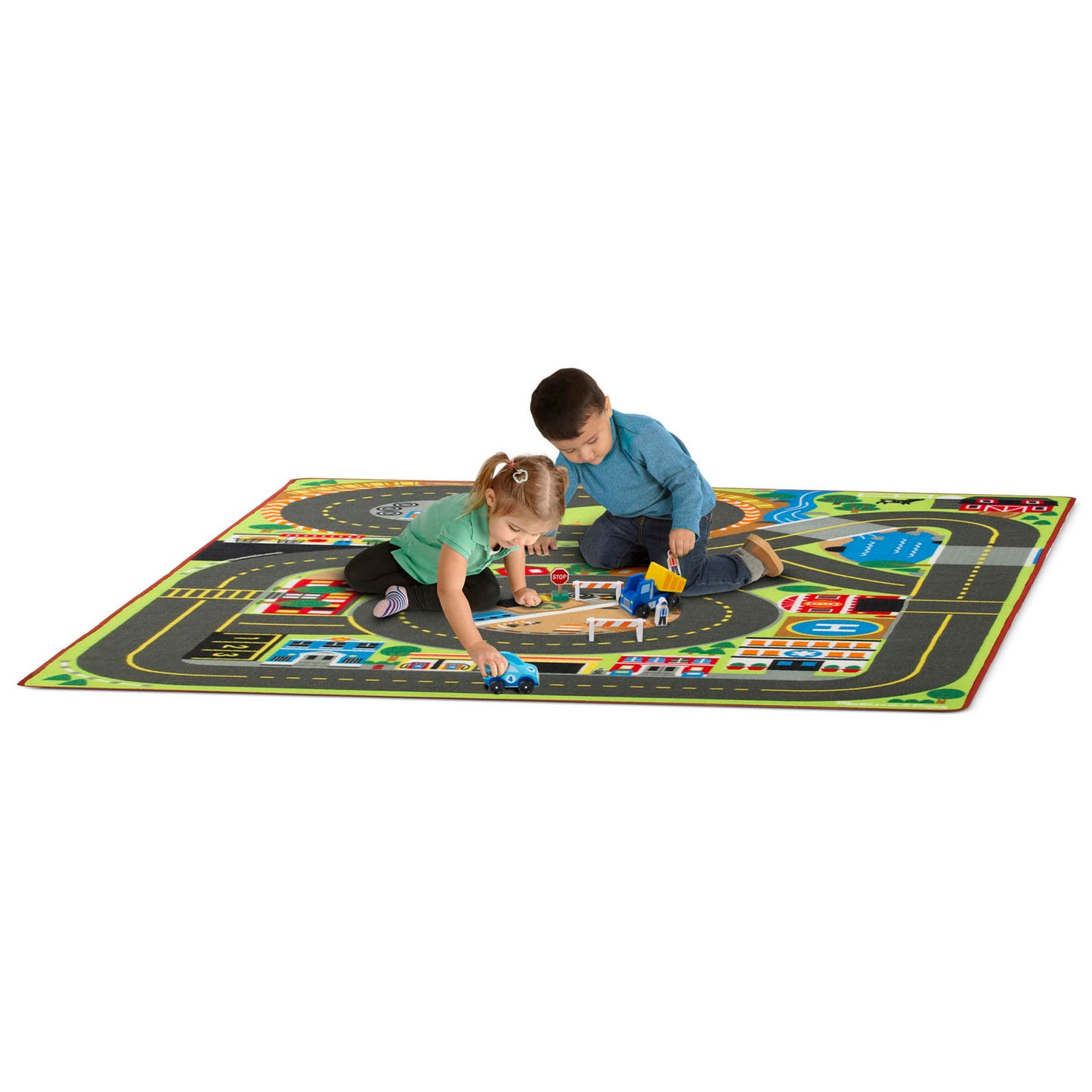 Melissa & Doug Jumbo Roadway Activity Rug, 4 Wooden Traffic Signs, 79" L X 60" W Pretend Play Road Activity Rug