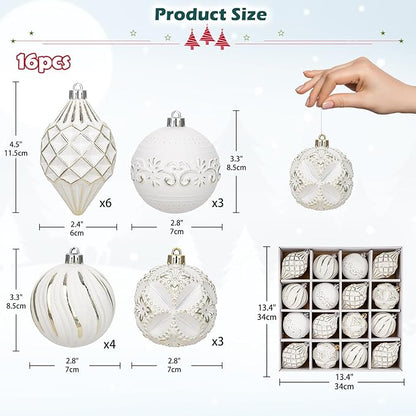 16PCS Shatterproof Christmas Ball Ornaments Set, Hand-Painted Holiday Decor with Assorted Sizes & Designs for Christmas Tree Thanksgiving Party Decoration, Champagne-White