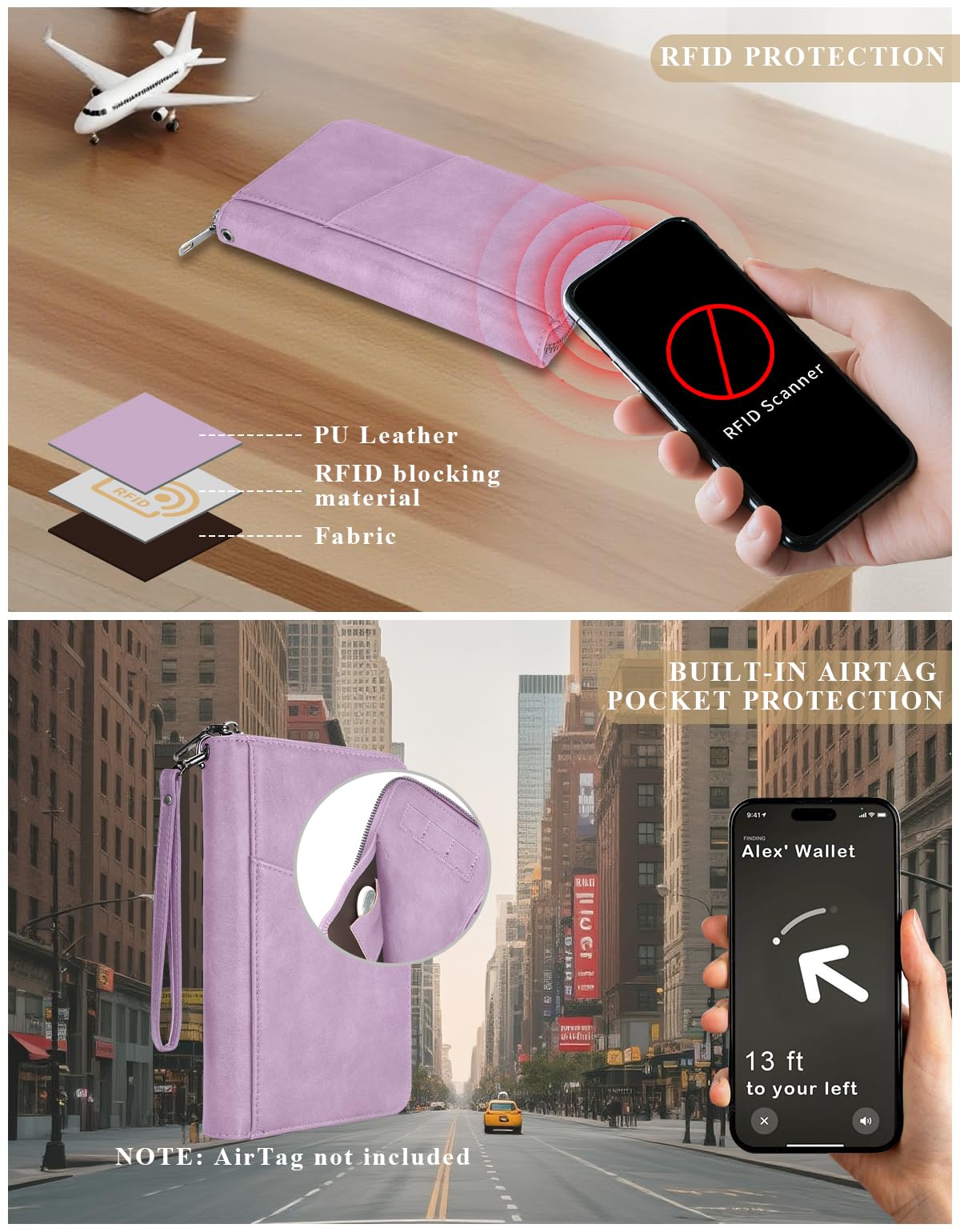 Family Passport Holder Wallet RFID Travel Document Organizer for Women Men, Portable Case Cover for Cards, Boarding Pass with Wrist & Neck Double Strap, Travel Christmas Gifts (Purple, 1pack)