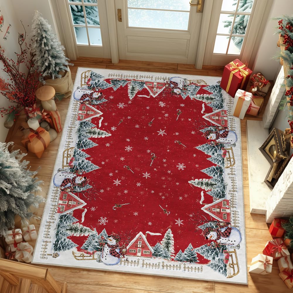 Artoid Mode Red Snowman House Pine Tree Christmas Area Rug, Xmas Winter Home Decor Low-Profile Washable Area Rugs for Entryway Bedroom Living Room Laundry Room Indoor 5x7 Feet