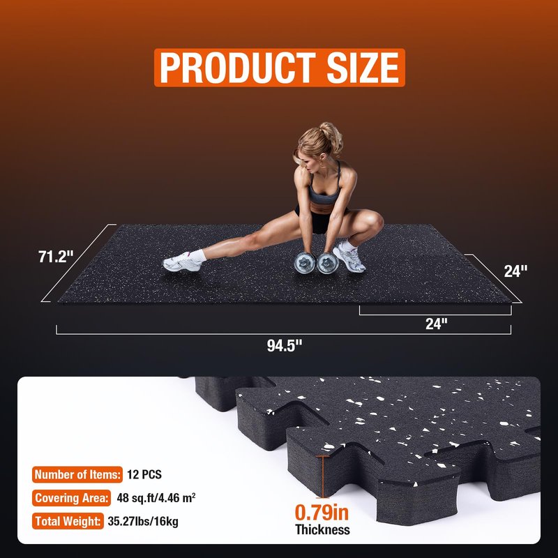 FAHKNS Gym Mat, 0.79'' Extra-Thick Exercise Equipment Mats, 12 Pcs 48 Sq Ft Rubber Top Floor Tiles, Non-Slip, EVA Foam Exercise Mat Tiles - Durable, Interlocking Mat, Gym Flooring for Home Gym(Black)