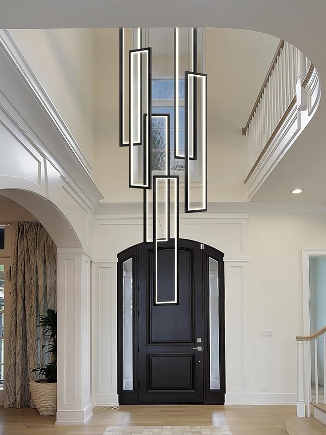 Flashing God Modern Chandelier,Black Chandelier with 6 Ring Led Foyer Chandeliers,Larger High Ceiling Chandelier for Living Room,Rectangle Chandelier for Entryway Staircase LED Dimming 2700k-6001k