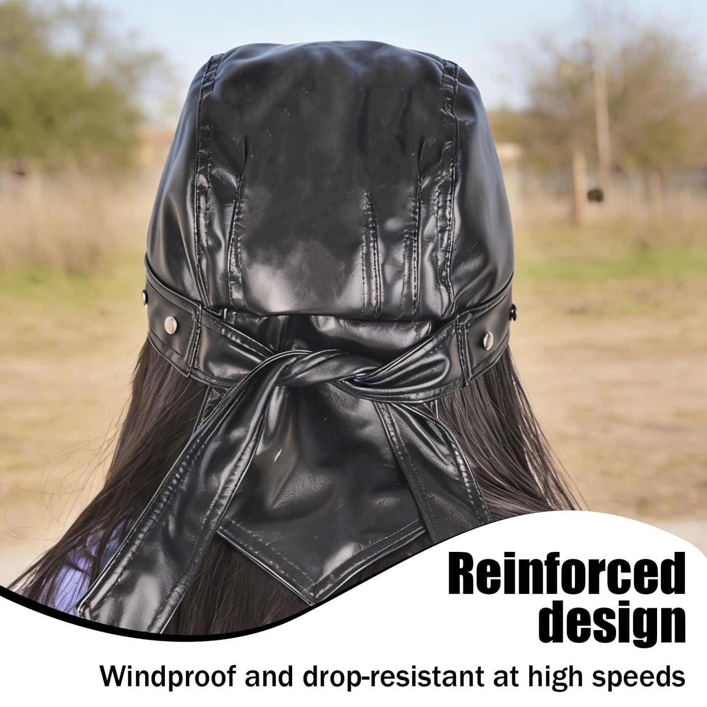 Vigdit Leather Biker Cap, Black Skull Cap for Women & Men, Adjustable Leather Punk Bandana Biker hat with Pants Chain