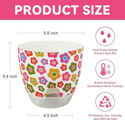 Print Flowerpots Round Plant Pots - 2 Pack Outdoor Garden Planter Plastic Indoor Modern Decorative Succulent Houseplant Pot with Drainage 5FP-COLFLW