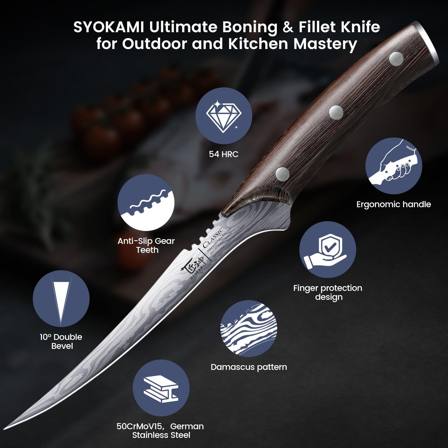 SYOKAMI Fillet Knife, Razor Sharp 7.2 Inch Boning Knife, High Carbon Stainless Steel Filet Knives with High Flexibility, Wooden Handle, Full Tang Damascus Pattern Fishing Knives, Ideal Gift