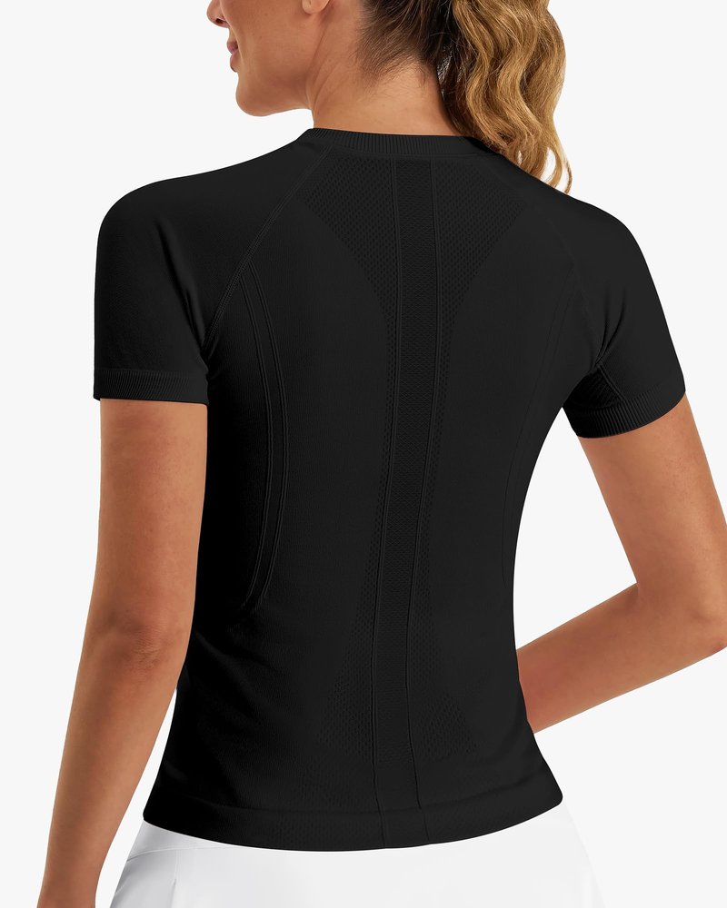 Stelle Women Workout Tops Short Sleeve Seamless Athletic Shirts Yoga Gym Sports Breathable Tees(Black,XS)