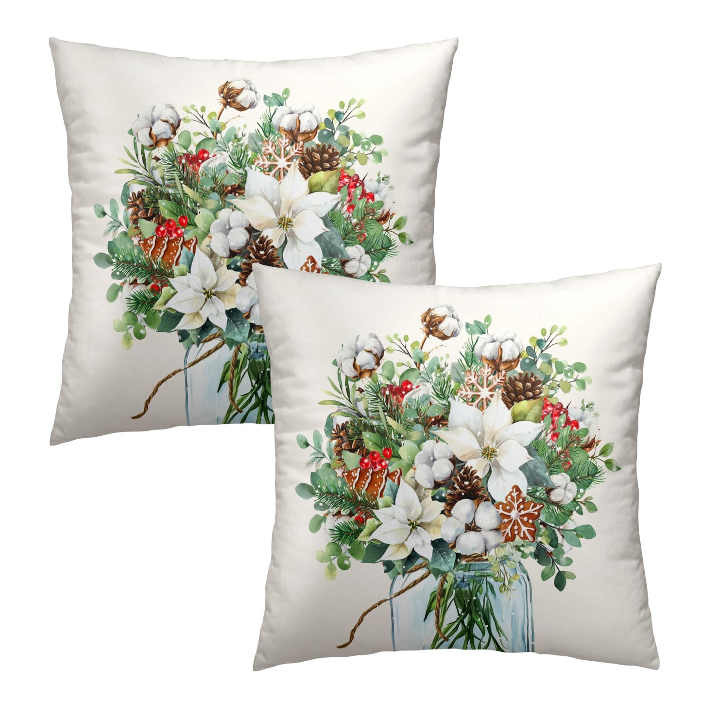 Winter Floral Bouquet Throw Pillow Covers 18x18 Inch 2 Packs Christma Poinsettias Pinecones Pillowcase Holly Berries Eucalyptus Mason Jar Farmhouse Cotton Square Cushion Case for Home Sofa Bedroom