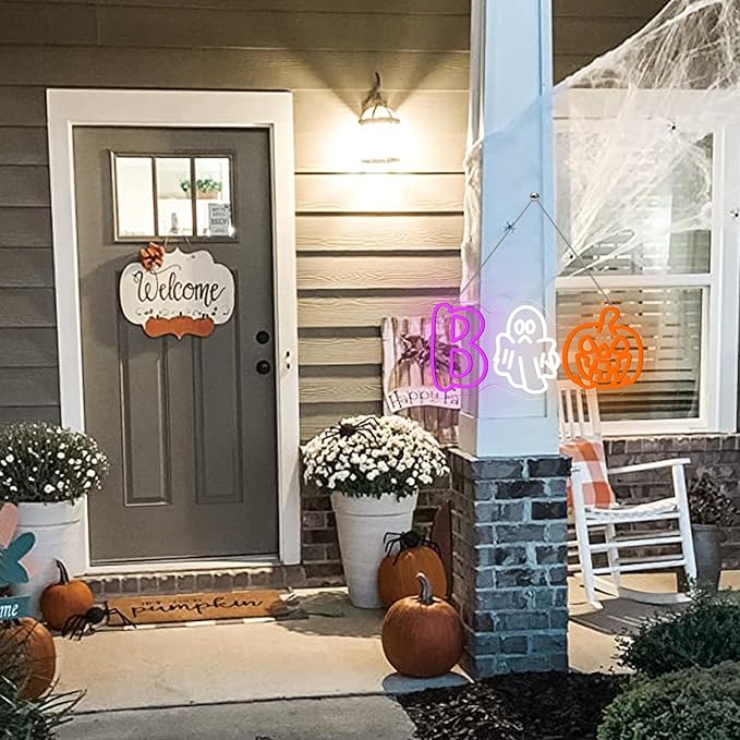 BOO Neon Sign, Halloween LED Wall Light with Ghost Pumpkin Neon Decoration for Halloween Party, Home, Bar