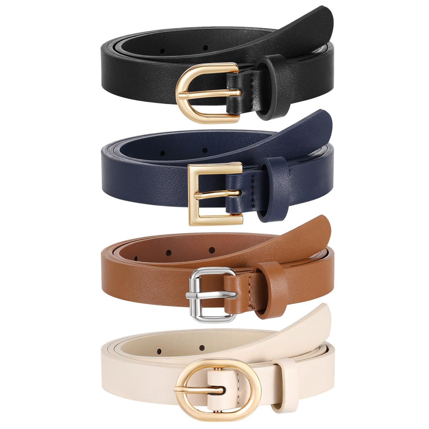 JASGOOD 4 Pack Women Skinny Leather Belt for Dresses with Gold Buckle Ladies Thin Waist Belt for Jeans Pants，Black+Blue+Brown+Beige