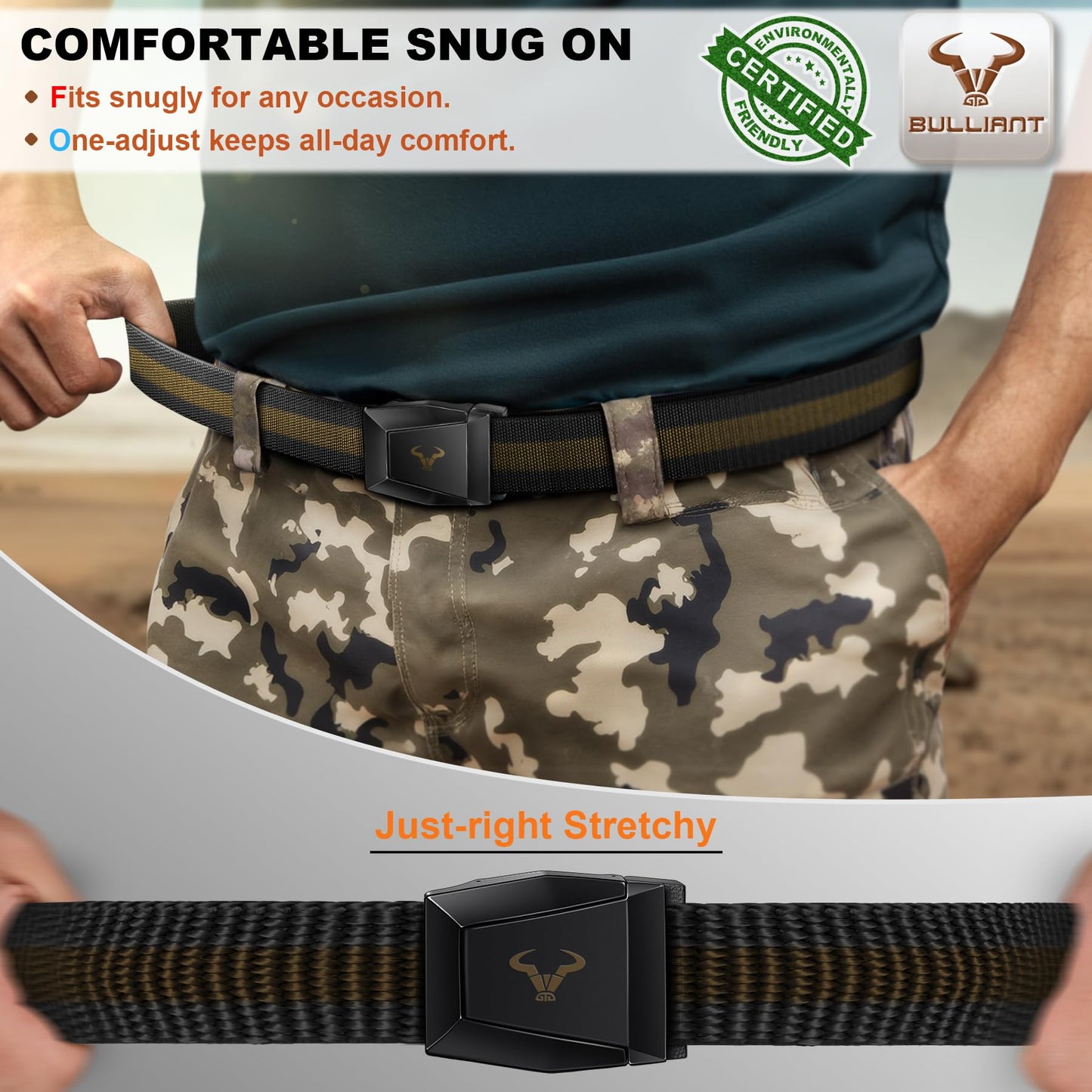 BULLIANT Men Belt-Tactical Work Rigger Web Western Belt Stretch Fit 1 1/2" For CowBoy Jean Outddor-Cut For Size(Black/Wood Thrush,28"-34" Waist Adjustable)