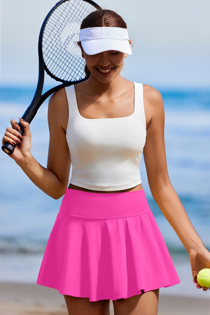 PINSPARK Pleated Skirts for Women Tennis Skorts with Pockets Moisture Wicking Golf Skirt with Shorts Underneath, Neon Pink XL