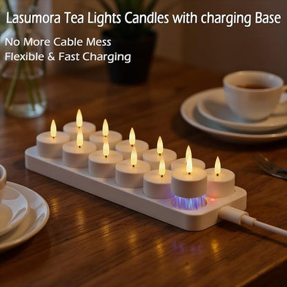 Rechargeable Tea Lights Candles with Remote Timer & Charging Base, 12pcs Battery Operated LED Candles Tea Lights Flameless for Halloween Decorations Wedding Home DecorΦ 1.57" H 1.85"