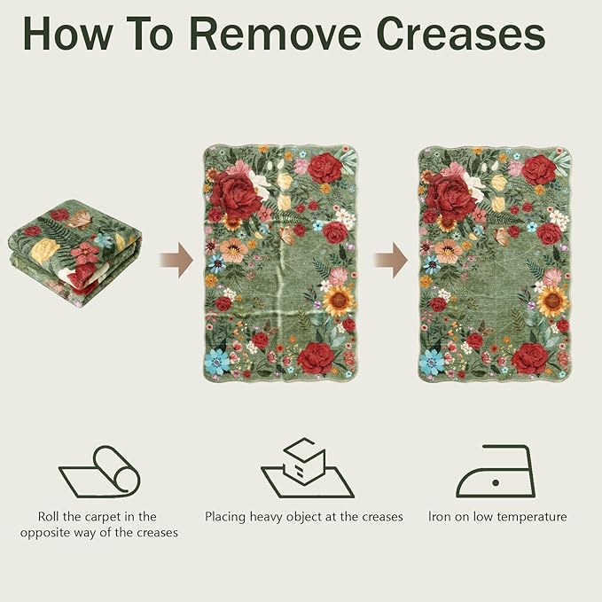 Washable Entryway Small Area Rugs: Door Mat Indoor Entrance 2x3 Floral Rug Ultra Thin Stain Resistant Non Slip Low Pile Lightweight Carpet for Kitchen, Front Door, Small Spaces Decor (Green)