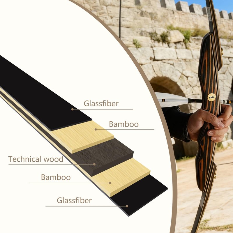 PMZ Archery Longbow, 65'' Wooden Takedown Professional Longbow for Hunting, Right Hand Traditional Bow for Adults Beginners to Advanced Outdoor Practice (Brown Riser, 45lbs)