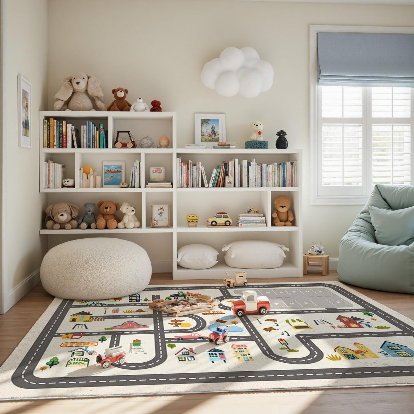 5x7ft Kids Town Road Play Rug - Non-Slip Faux Wool Carpet with Interactive City Map Design, Educational Toy Vehicle Mat for Kids, Bedroom Playroom Nursery Gift.