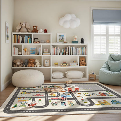 5x7ft Kids Town Road Play Rug - Non-Slip Faux Wool Carpet with Interactive City Map Design, Educational Toy Vehicle Mat for Kids, Bedroom Playroom Nursery Gift.