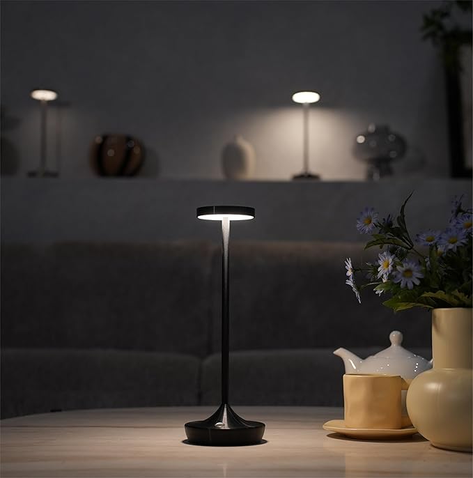 2 Pack Cordless Table Lamps, Battery Operated LED Desk Lamp, 3-Color Stepless Dimming, Portable & Waterproof, for Restaurants, Bedrooms, Bars, Outdoor Parties, Camping, and Cafes (2Pack Black)