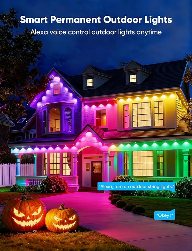 APPECK Permanent Outdoor Lights 400ft with 288 LED Lights, 144W Smart RGBW Eaves Lights, DC 36V, 40LM, IP67 Waterproof String Lights for Halloween Christmas Decor, Compatible with Alexa, White
