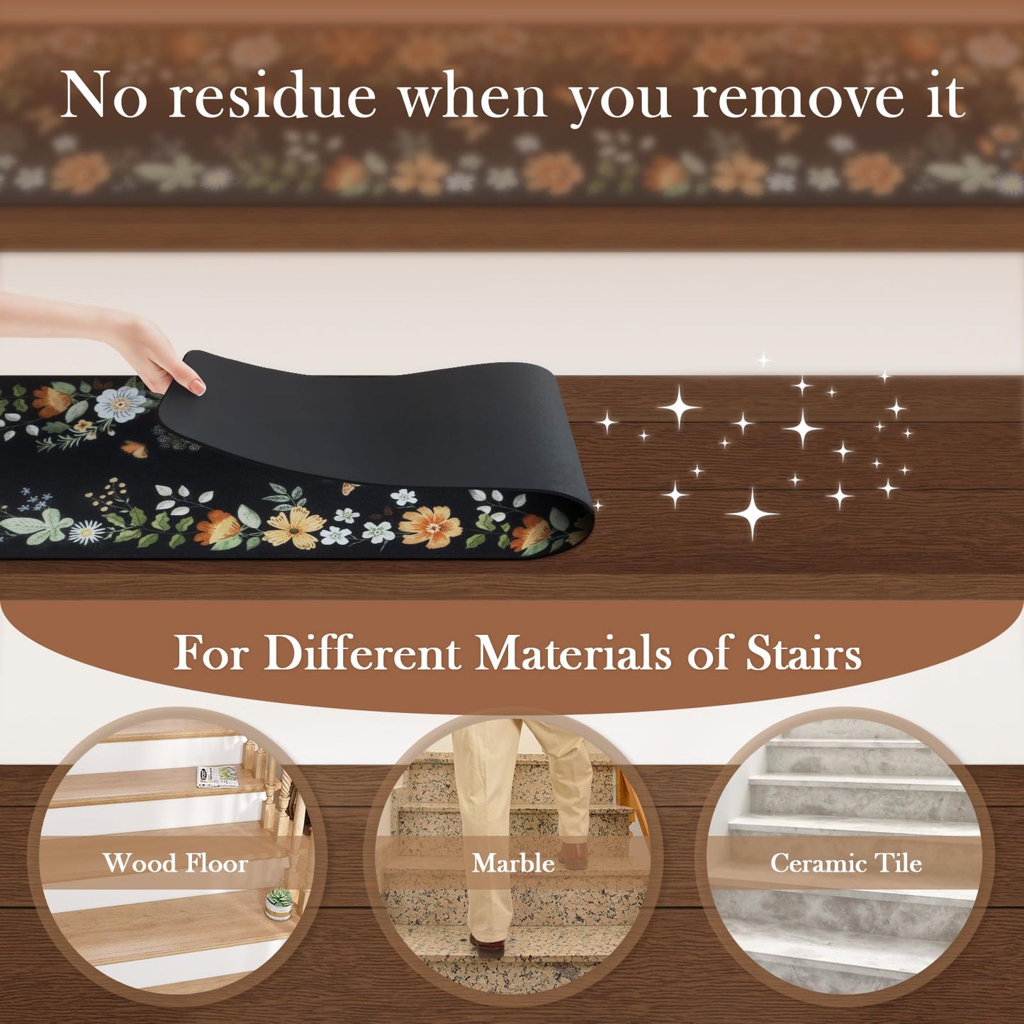 OJIA Floral Stair Treads Non-Slip Carpet Stair Treads for Wooden Steps Indoor 15PCS 30"x8" Stair Runner Stair Mats Staircase Step Treads for Kids, Elders and Dogs, Stair Covers, Black