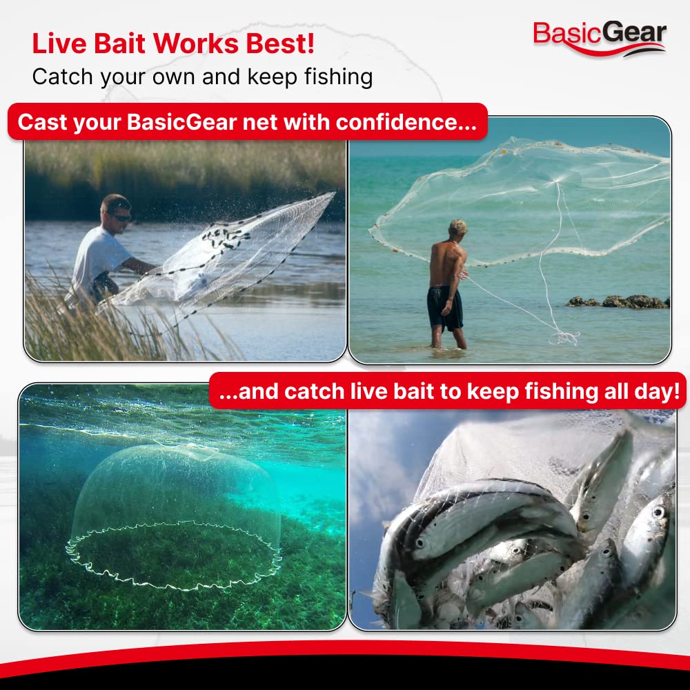 BasicGear Cast Net | Zinc Iron, 8ft Radius, 1/4 inch Mesh for Freshwater and Saltwater Bait Fish | Professional Grade and Upgraded Material | Throw Style