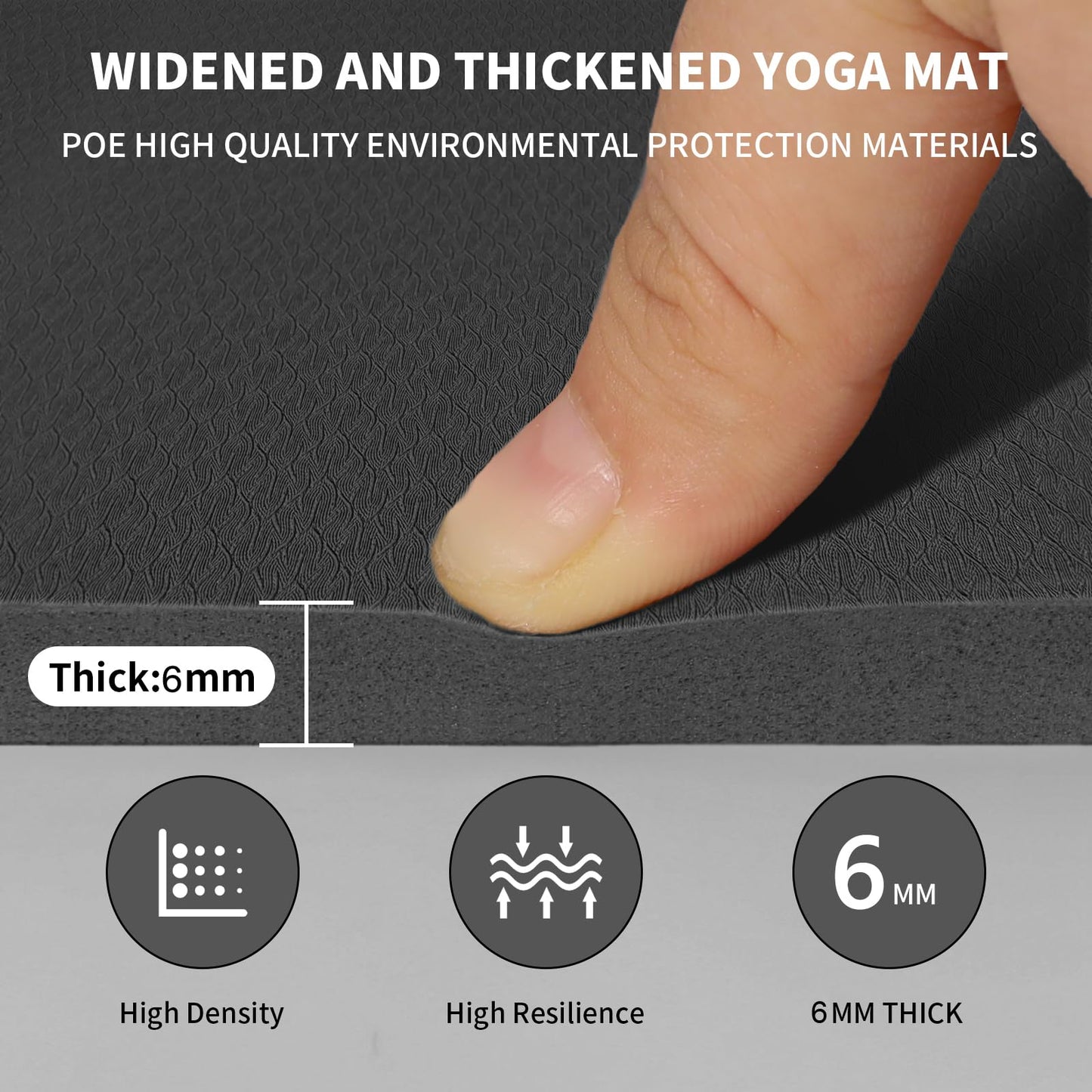 Large Yoga Mat (6'x 4') - Extra Long and Wide Workout Mat for Men and Women, Non-Slip POE 0.24''/0.32''/0.4'' Thick Fitness Mat, Eco-Friendly Exercise Mat for Home Workouts, Ideal for Yoga and Pilates (Black, 6mm)
