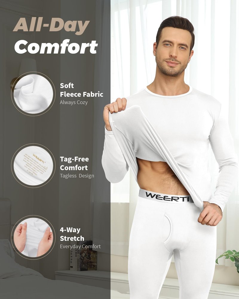 WEERTI Thermal Underwear for Men Long Johns with Fleece Lined Base Layer Men Cold Weather Top Bottom-White XXL