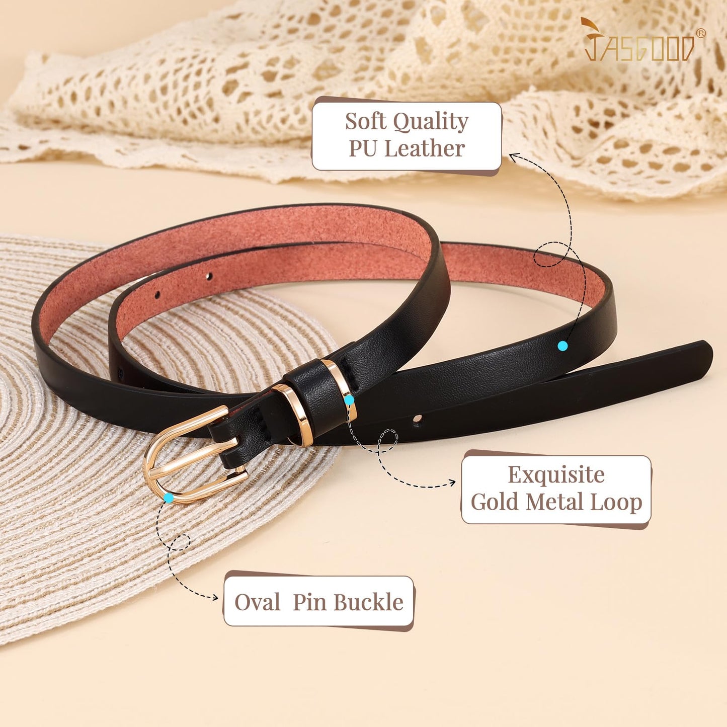 JASGOOD Women Black Skinny Leather Belt for Jeans Pants Fashion Thin PU Leather Waist Belt for Ladies Set of 4(Black+Brown+Leopard,Best for Waist Size 30-36 Inch)
