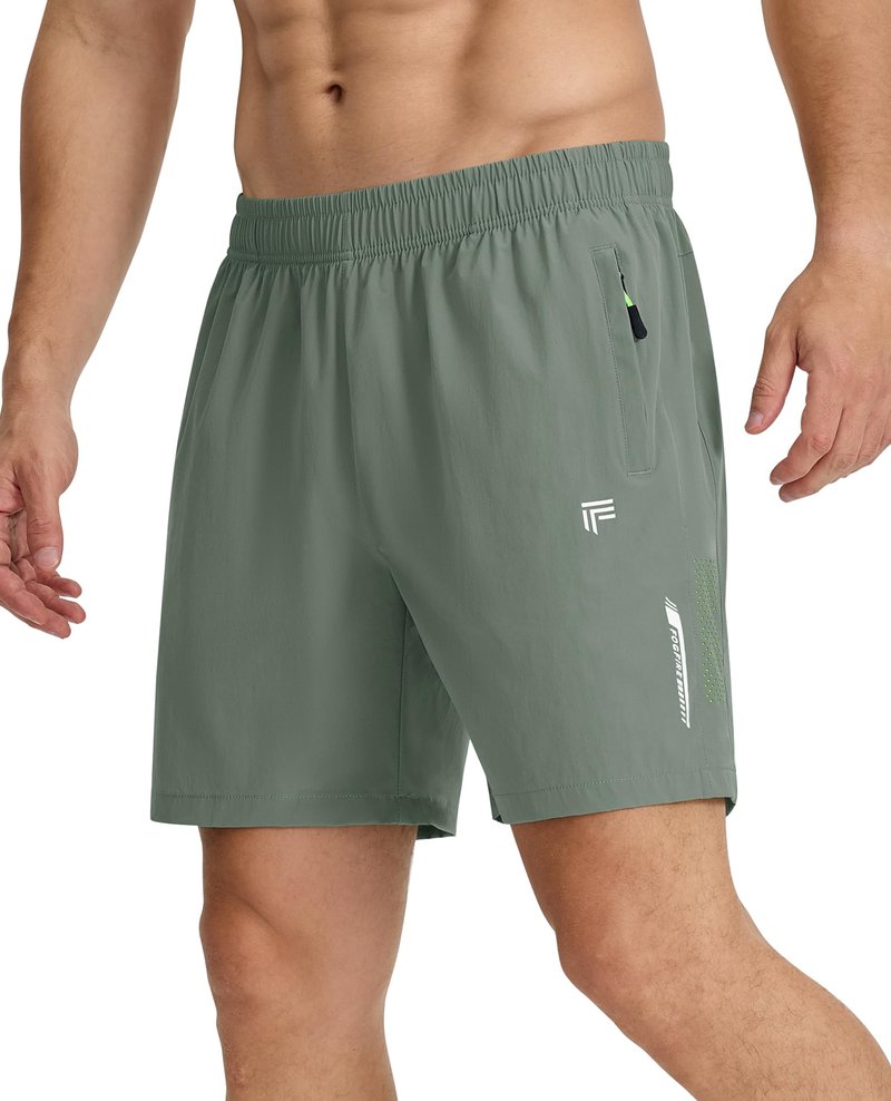 FOGFIRE Men's Athletic Running Shorts with Zipper Pockets Quick Dry Drawstring 7" Gym Shorts for Basketball Workout Jogging-Grey Sage