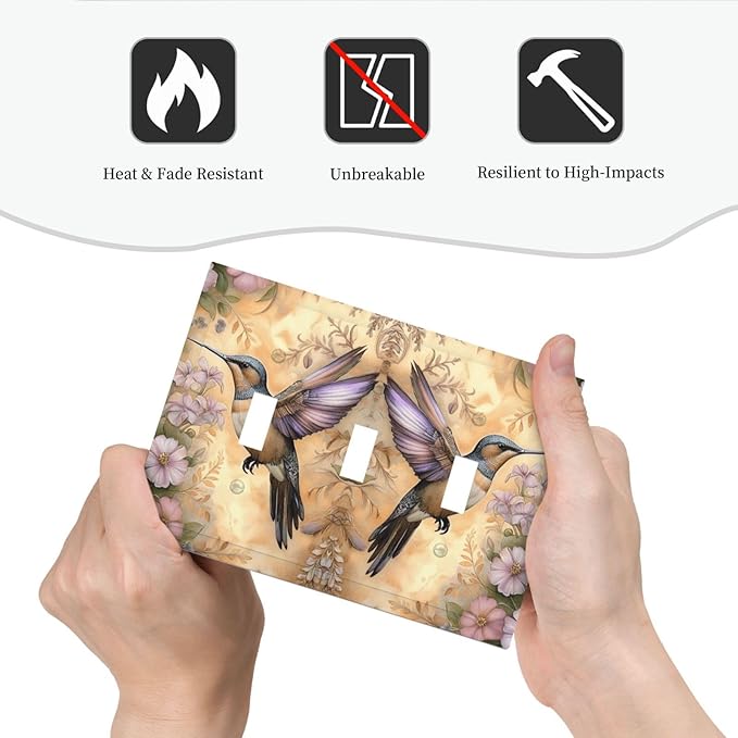 Decorative Art Light Switch Covers Blossom & Hummingbird 3 Gang Triple Toggle Wall Plate Decorative Switch plate Electrical Faceplate for Home Decor