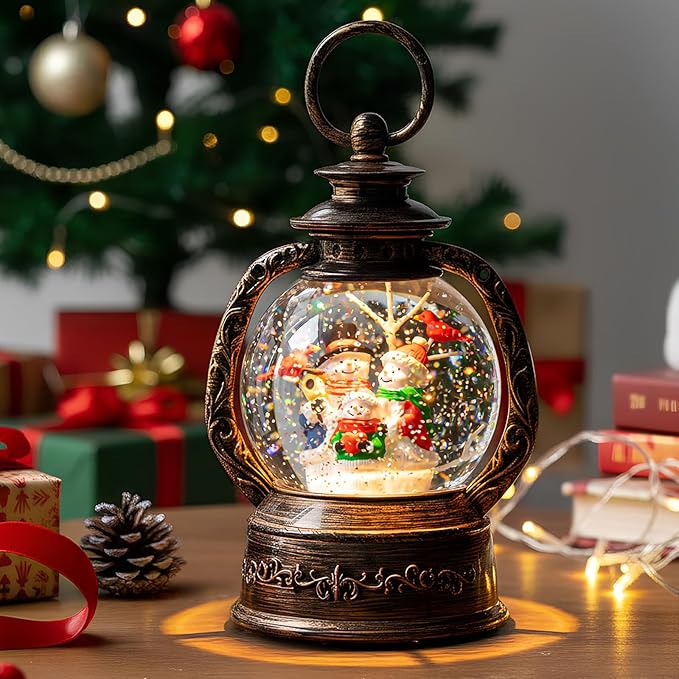 Christmas Snow Globe Lantern Water Glittering Snowman with Music, USB Lined/Battery Operated Lighted Lantern for Christmas Festival Decoration Gifts